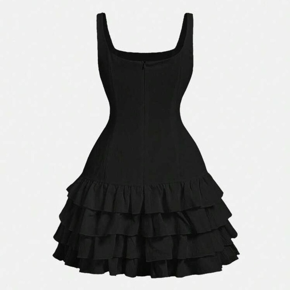 SHEIN Black Square Neck Ruffle Tier Mini Dress